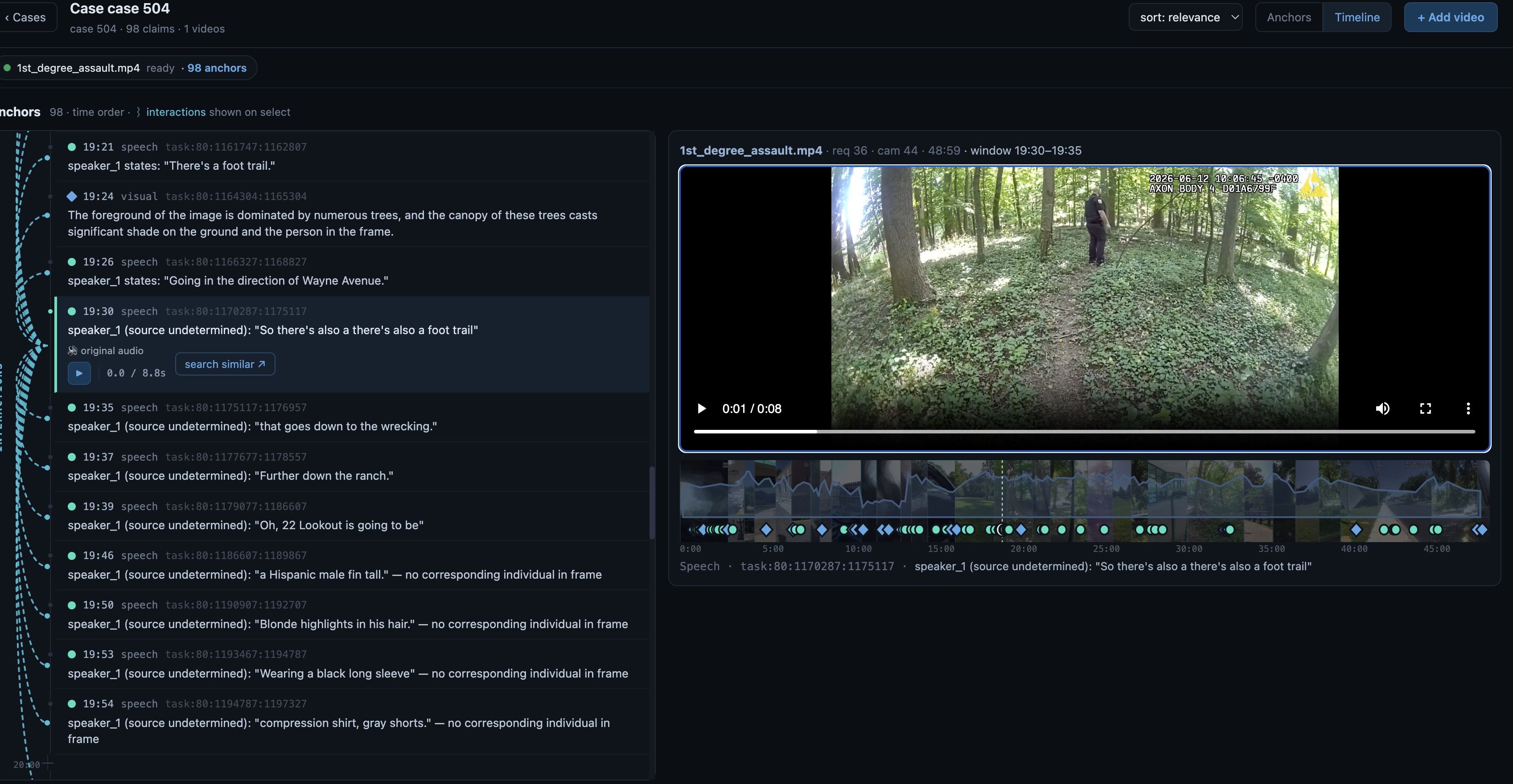 DeedEye case workbench — anchors, claims, and body-cam video correlated on a live case