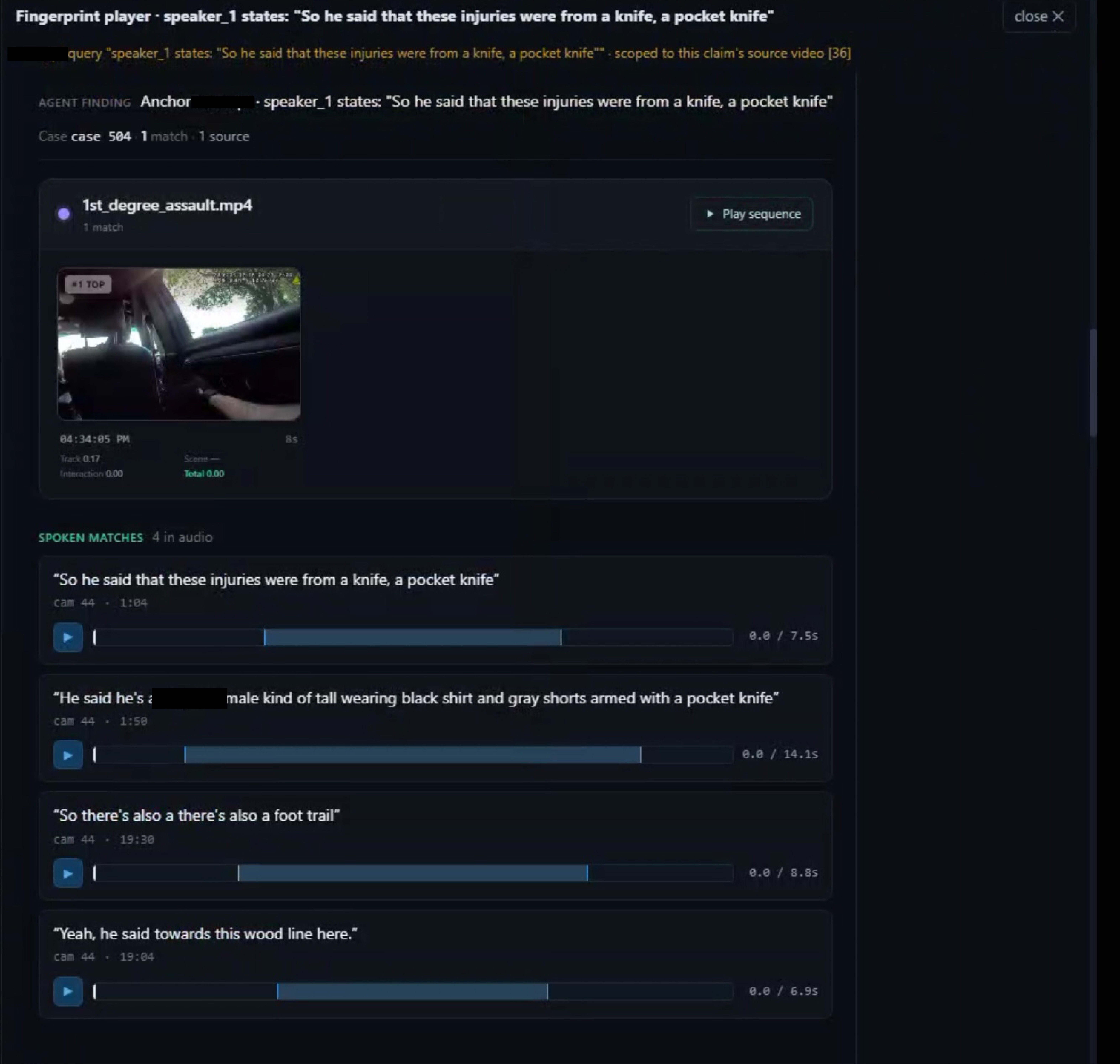 DeedEye fingerprint player — spoken matches cited to the source video