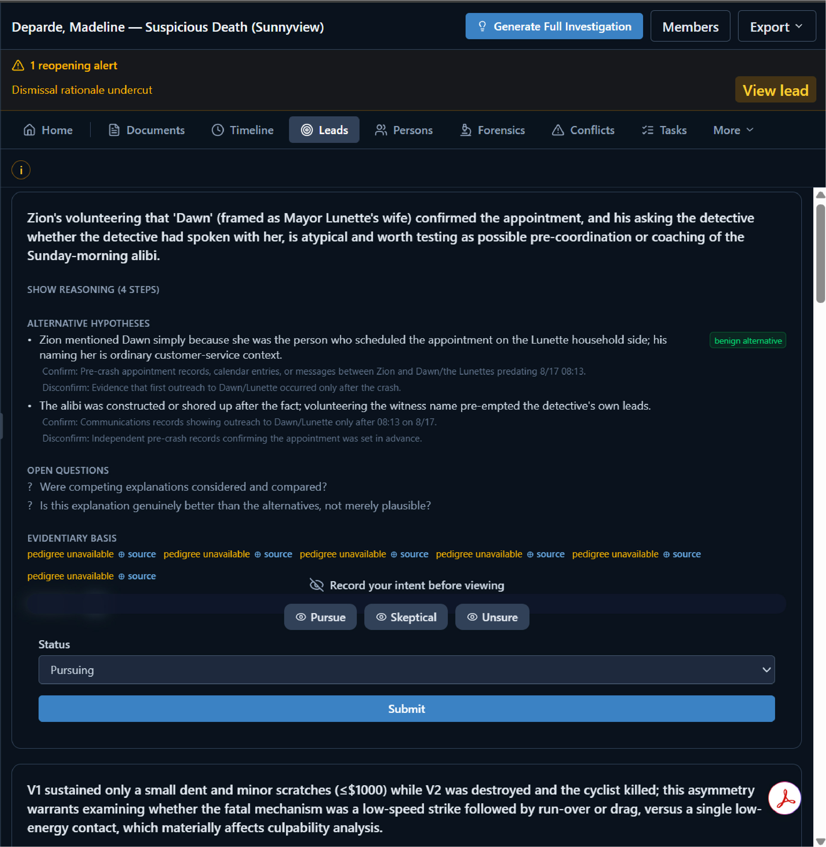 DeedEye lead view — alternative hypotheses, open questions, and evidentiary basis